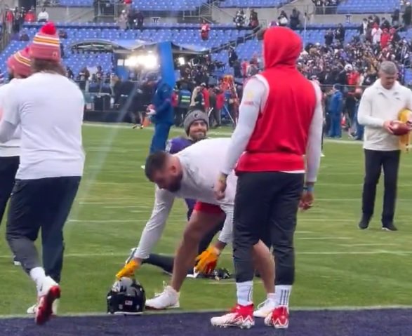 Furious Travis Kelce kicks opponent's ball away and throws helmet off field in pre-game spat